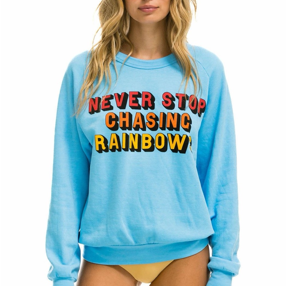 AVIATOR NATION Sky Blue  NEVER STOP CHASING RAINBOWS CREWNECK SWEATSHIRT